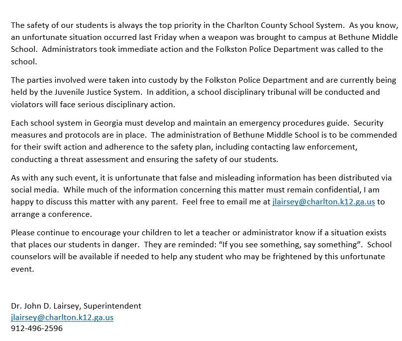 Superintendent Releases Statement To Parents Charlton County Schools