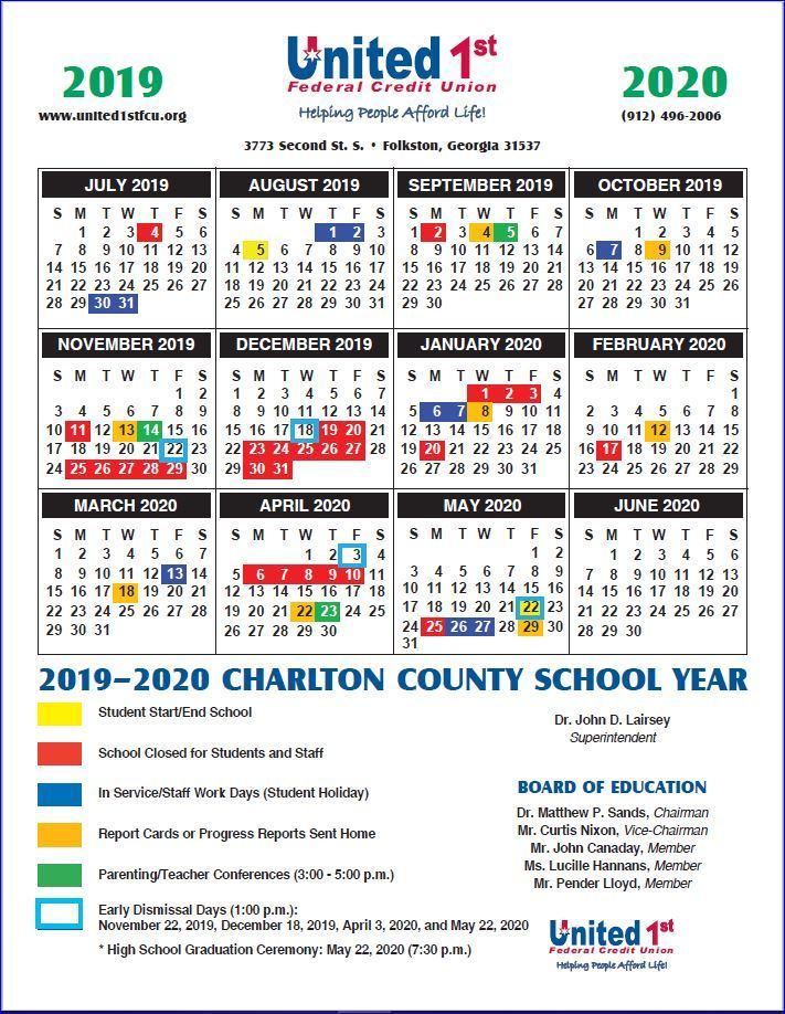 2019 2020 School Calendar Charlton County Schools